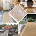30ft Natural Jute Burlap Aisle Runner with White Floral Lace Borders