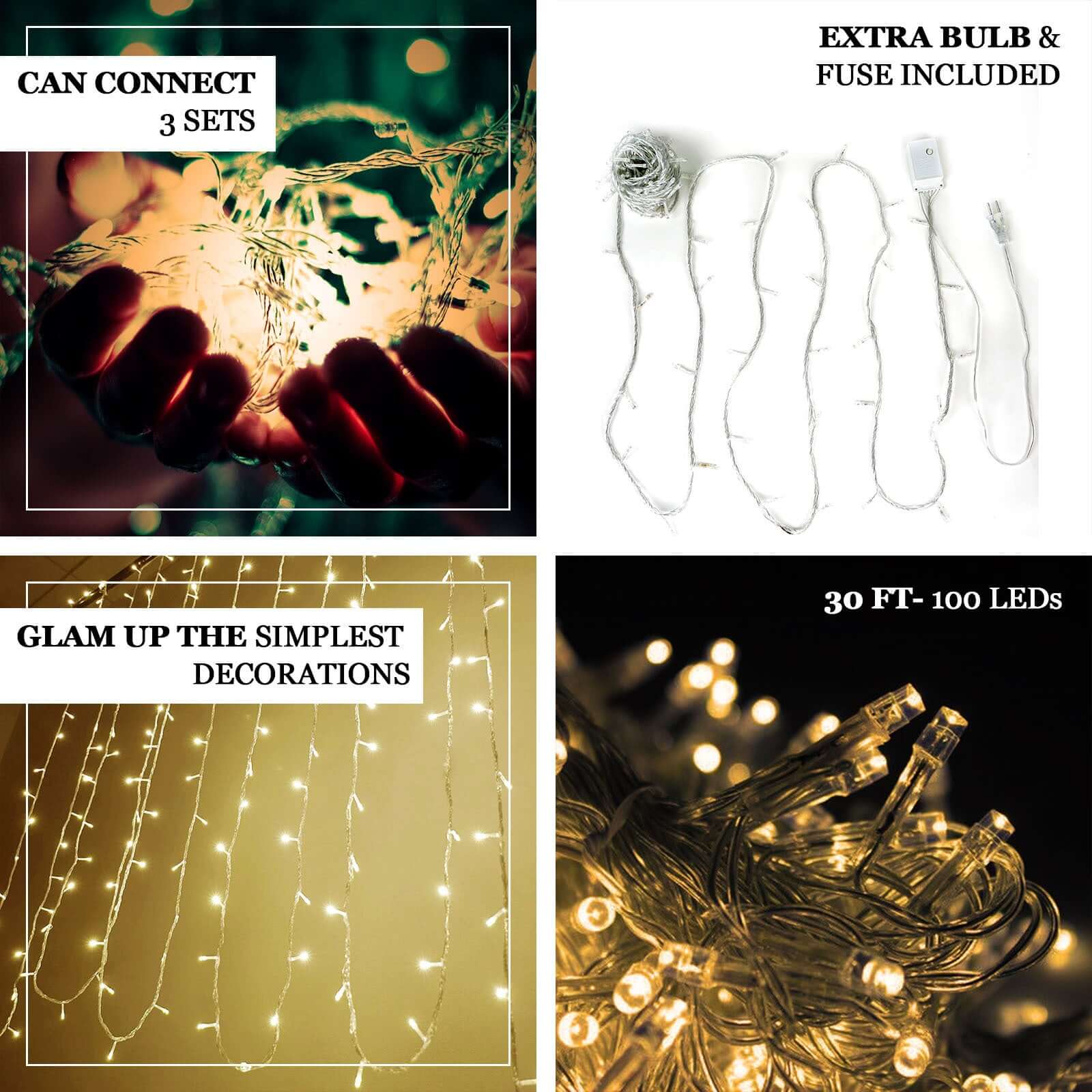 30ft Warm White 100 LED Connectable String Lights, 120V Fairy Lights - NestOCart