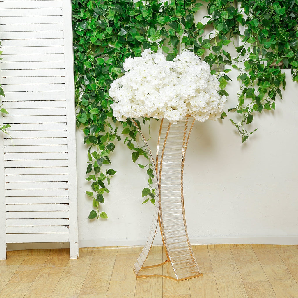 32" Crystal Pendant Flower Stand with Gold Metal Frame â€“ Hourglass Column Vase Holder for Floral Arrangements & Table Centerpieces - Bell Racket Store