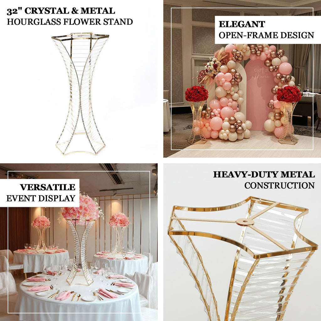 32" Crystal Pendant Flower Stand with Gold Metal Frame â€“ Hourglass Column Vase Holder for Floral Arrangements & Table Centerpieces - Bell Racket Store