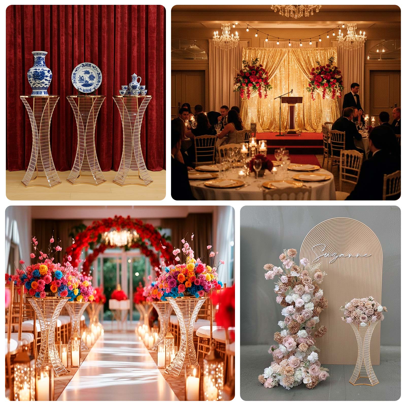 32" Crystal Pendant Flower Stand with Gold Metal Frame â€“ Hourglass Column Vase Holder for Floral Arrangements & Table Centerpieces - Bell Racket Store