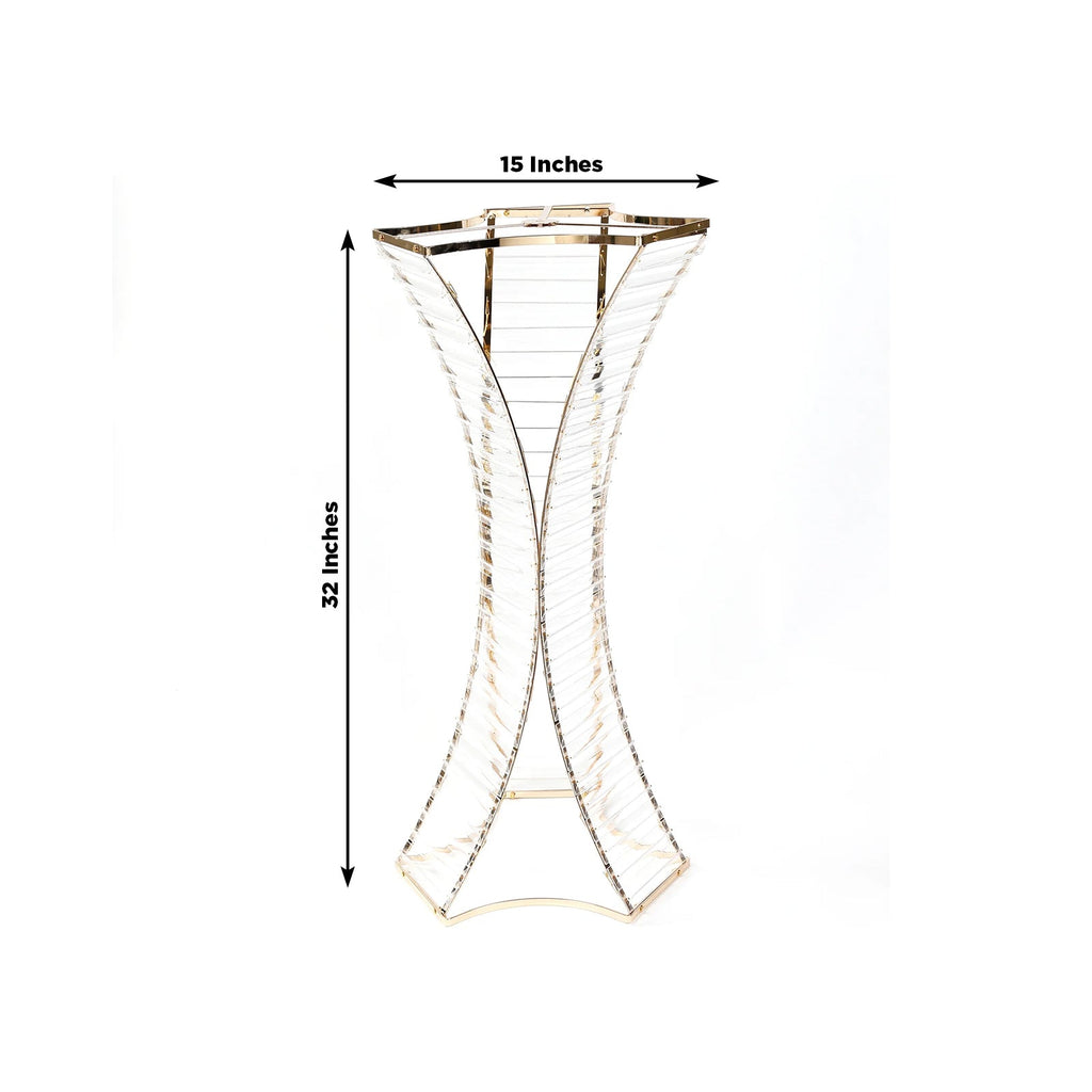 32" Crystal Pendant Flower Stand with Gold Metal Frame â€“ Hourglass Column Vase Holder for Floral Arrangements & Table Centerpieces - Bell Racket Store