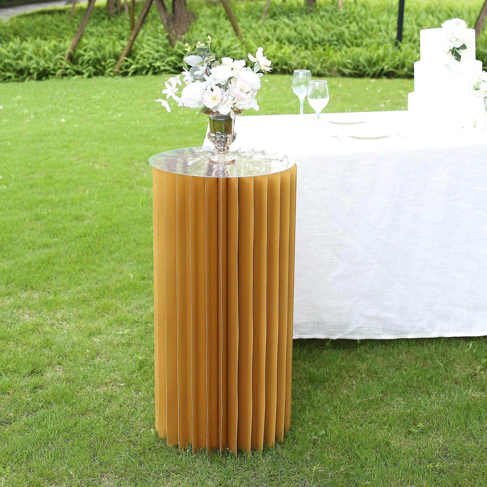 32" Gold Cylinder Display Column Stand, Pillar Pedestal Stand With Top Plate - Bell Racket Store