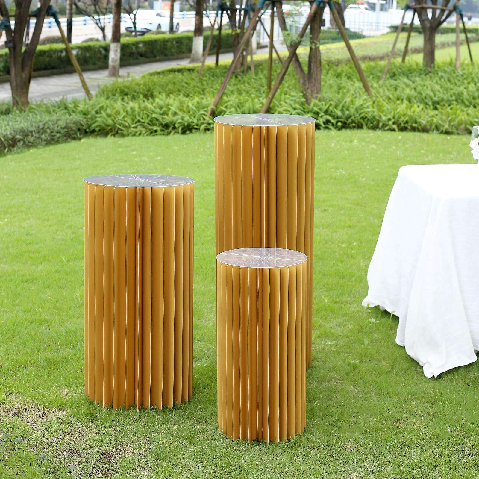 32" Gold Cylinder Display Column Stand, Pillar Pedestal Stand With Top Plate - Bell Racket Store