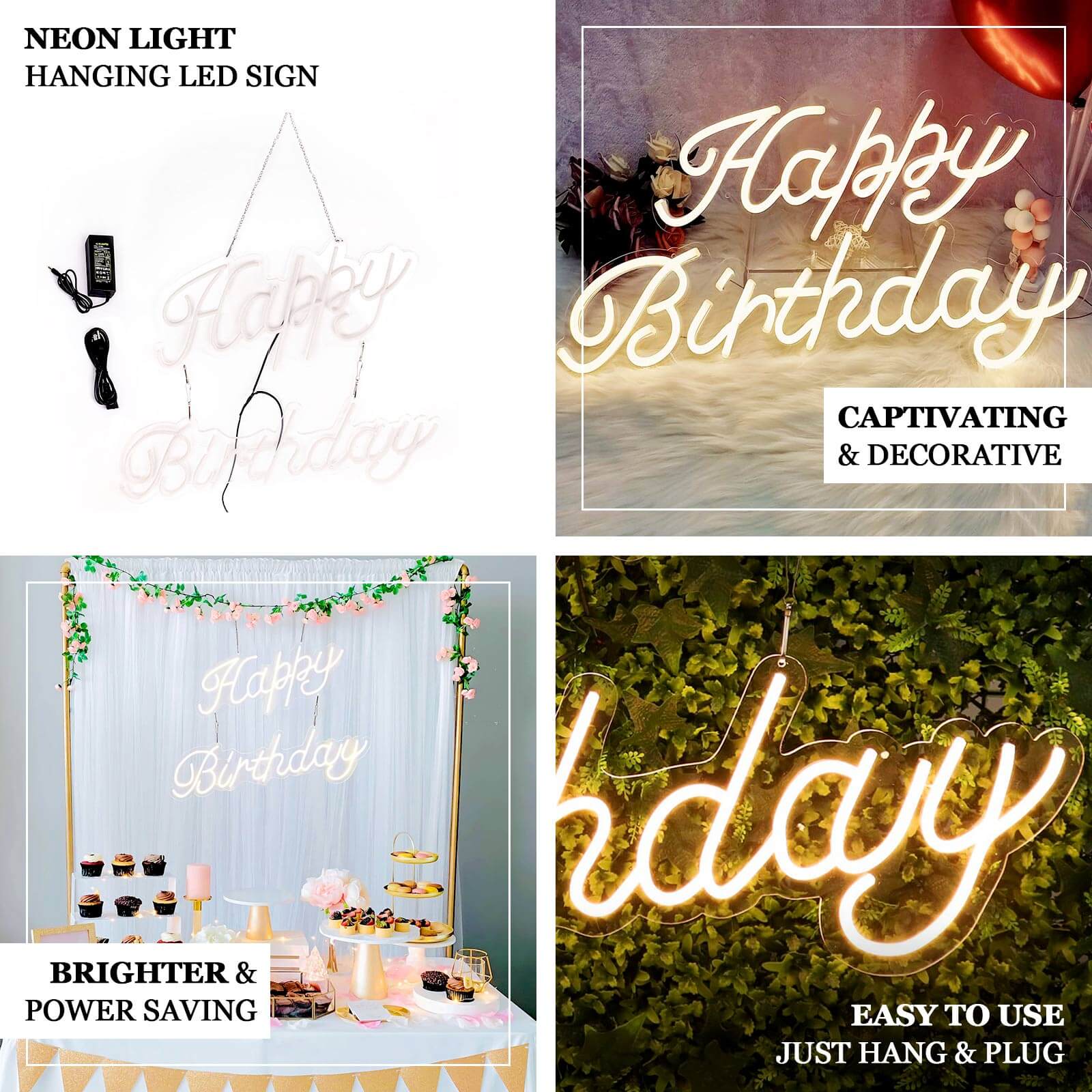 32" Happy Birthday Neon Light Sign, LED Reusable Wall DÃ©cor Lights With 5ft Hanging Chain - Bell Racket Store