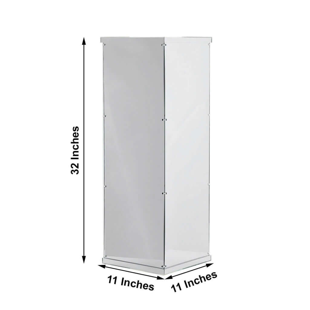 32" Silver Mirror Finish Acrylic Display Box, Pedestal Riser with Interchangeable Lid and Base