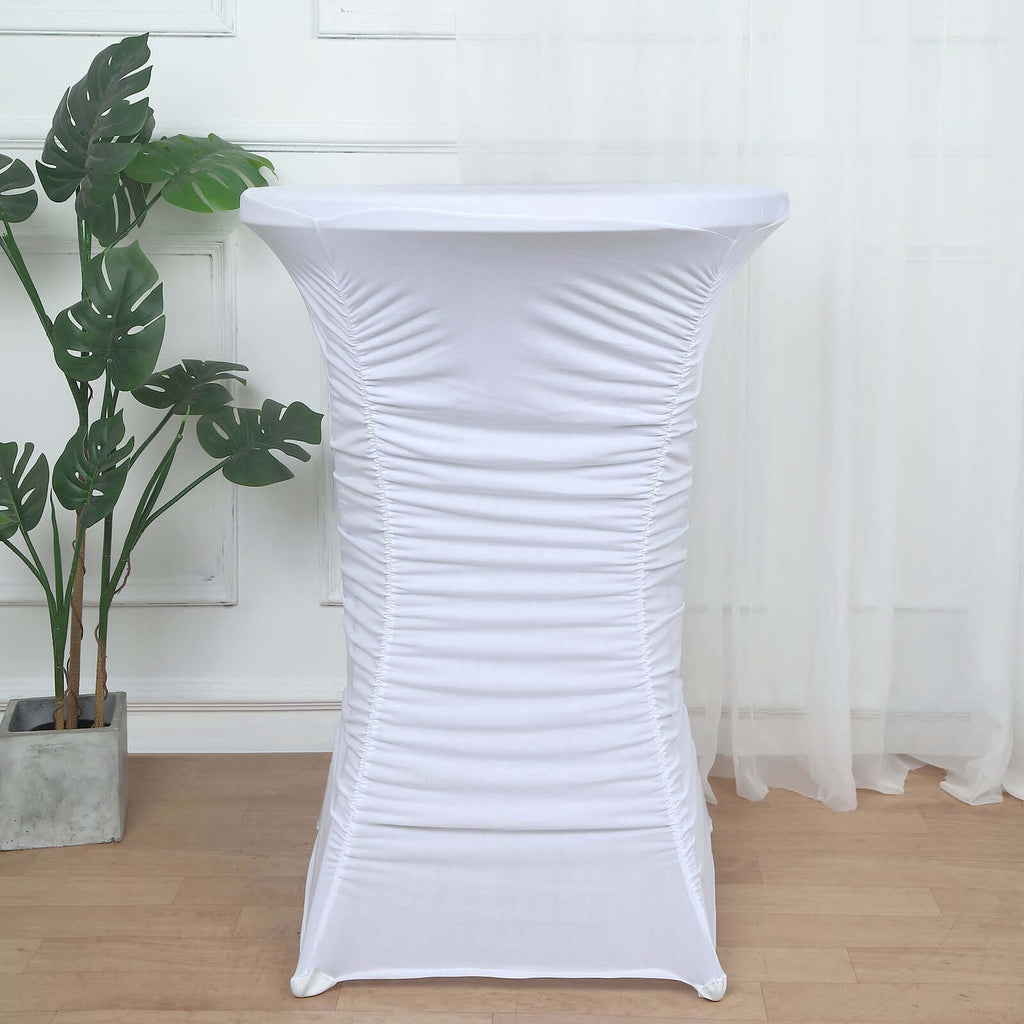 Heavy Duty Spandex 30" Fitted Round Cocktail Table Cover White Ruched Pleated - Durable Stretch Design