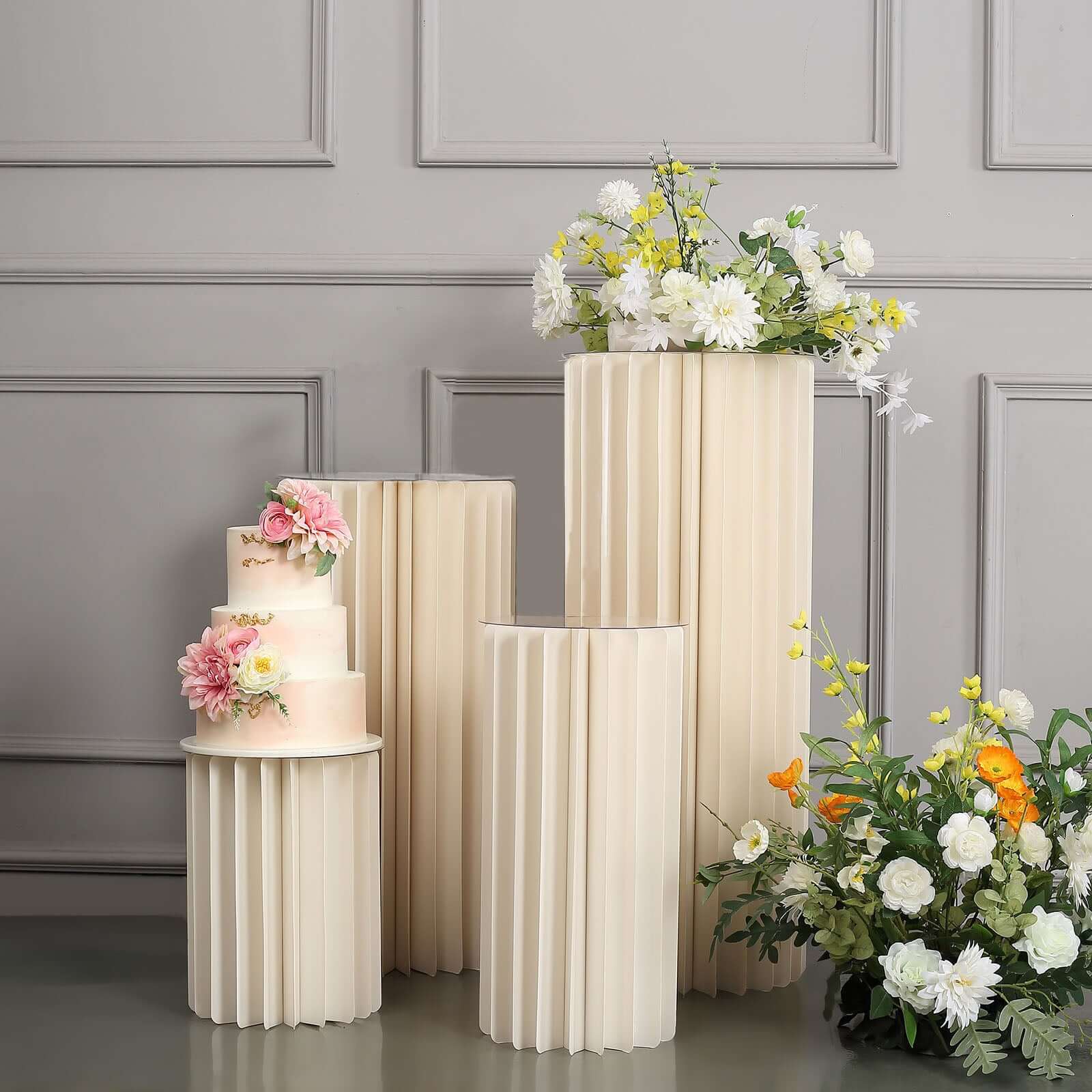 32" Ivory Cylinder Display Column Stand, Pillar Pedestal Stand With Top Plate - Bell Racket Store