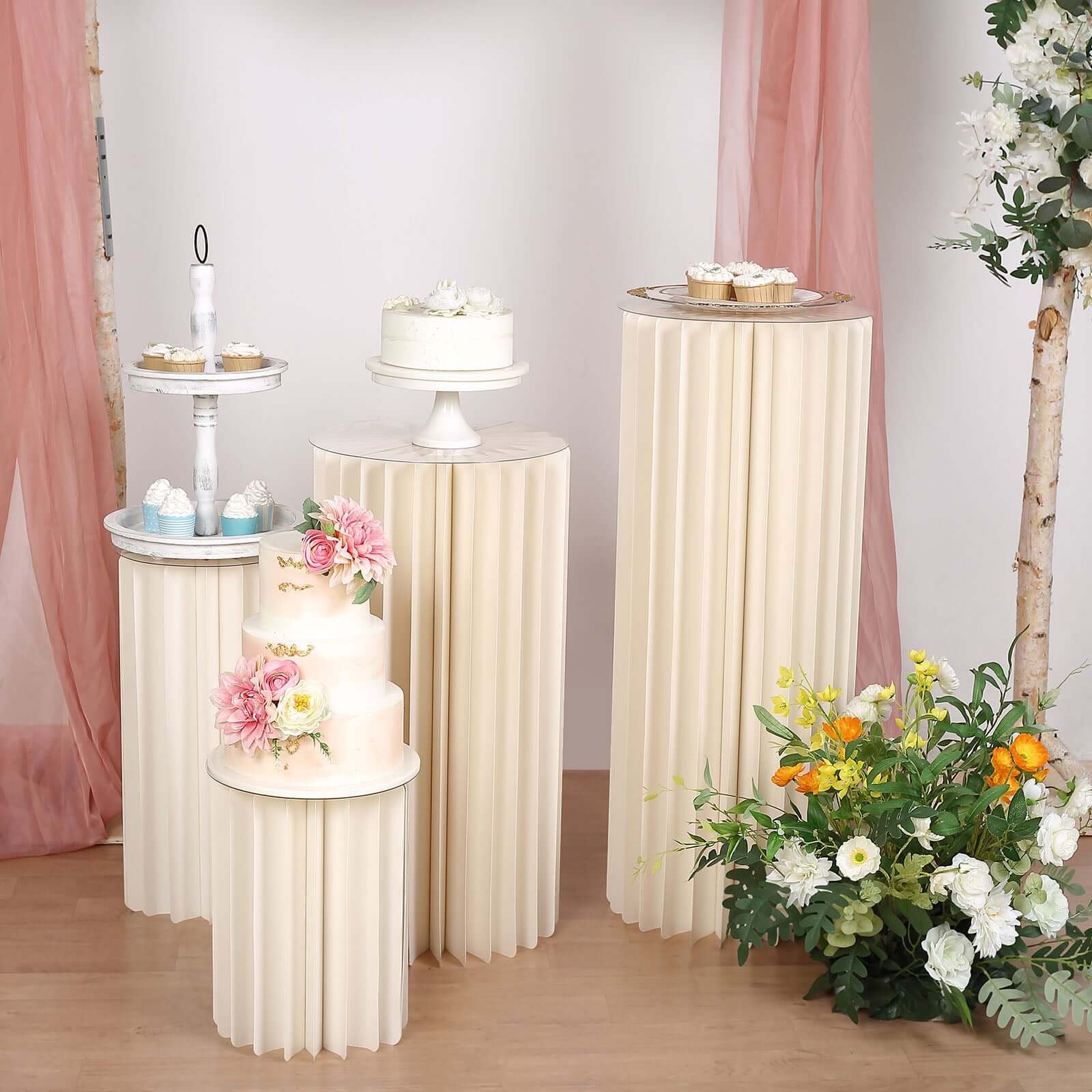 32" Ivory Cylinder Display Column Stand, Pillar Pedestal Stand With Top Plate - Bell Racket Store