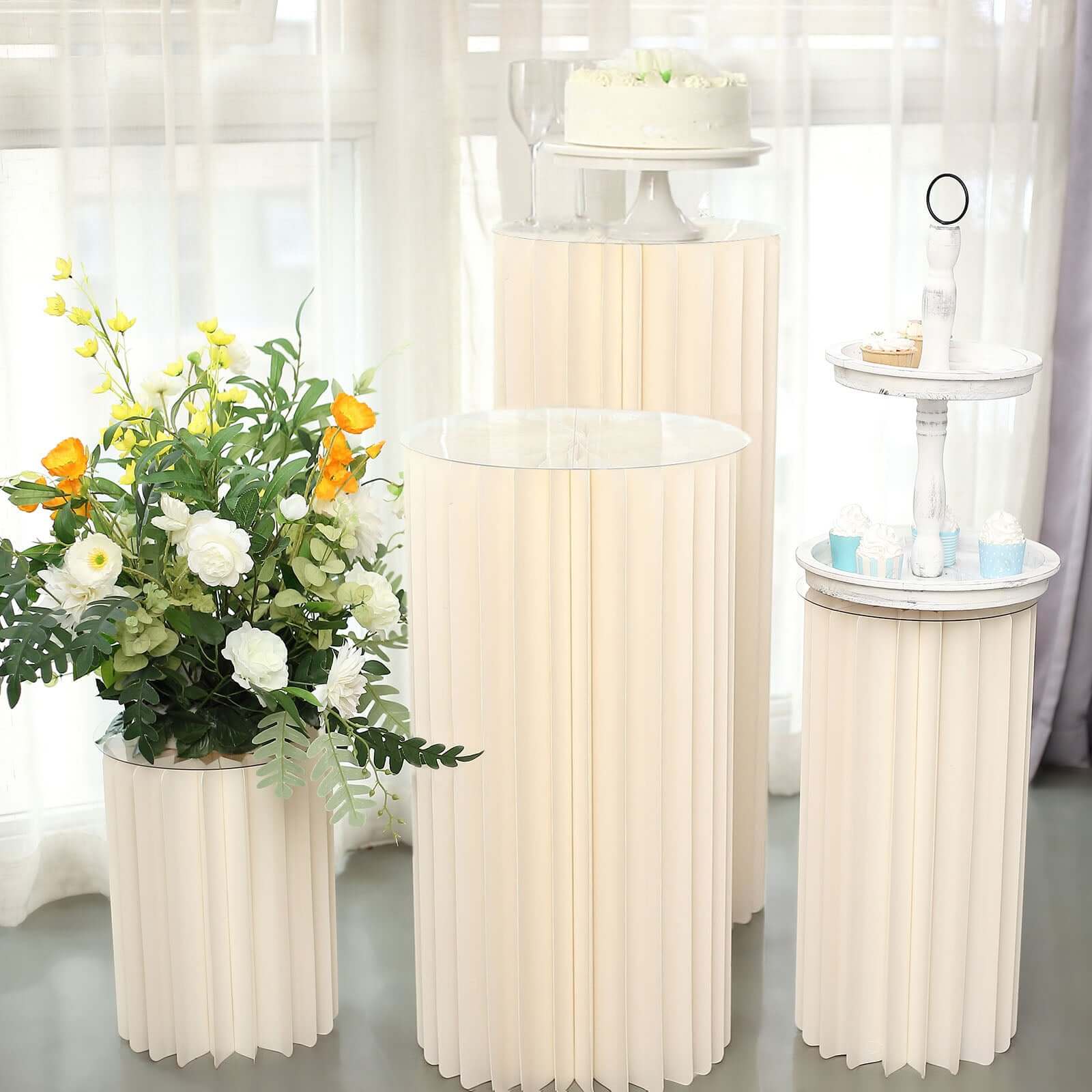 32" Ivory Cylinder Display Column Stand, Pillar Pedestal Stand With Top Plate - Bell Racket Store