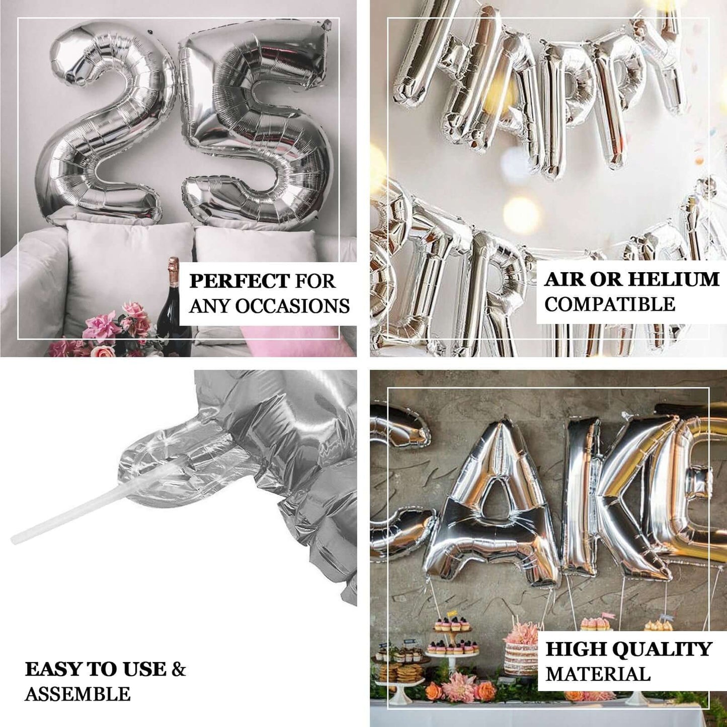 35" Silver Letter and Number Balloons, Metallic Mylar Foil Helium Air Balloons - NestOCart