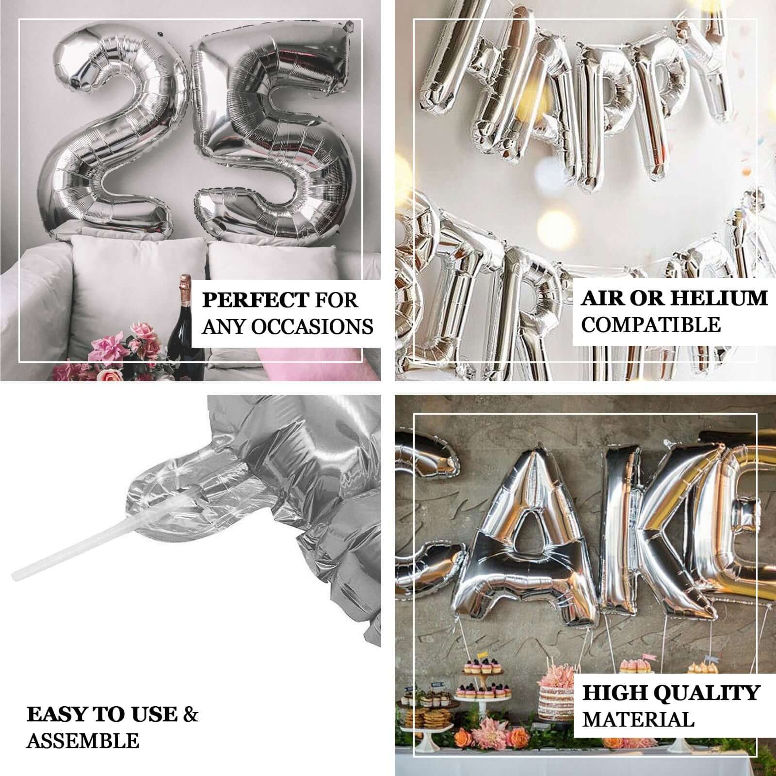 35" Silver Letter and Number Balloons, Metallic Mylar Foil Helium Air Balloons - NestOCart