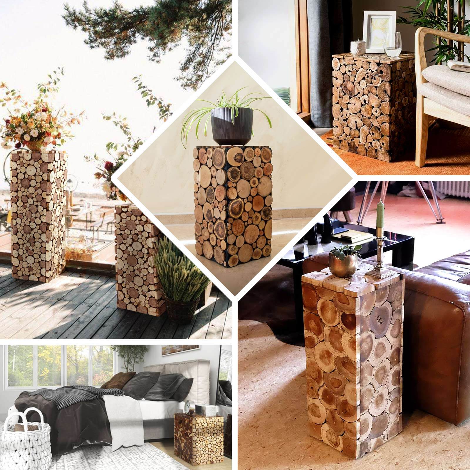 36" Natural Wooden Slices Pillar Prop Pedestal Stand, Rustic Farmhouse Wood Riser Rectangular Plant Stand - Bell Racket Store