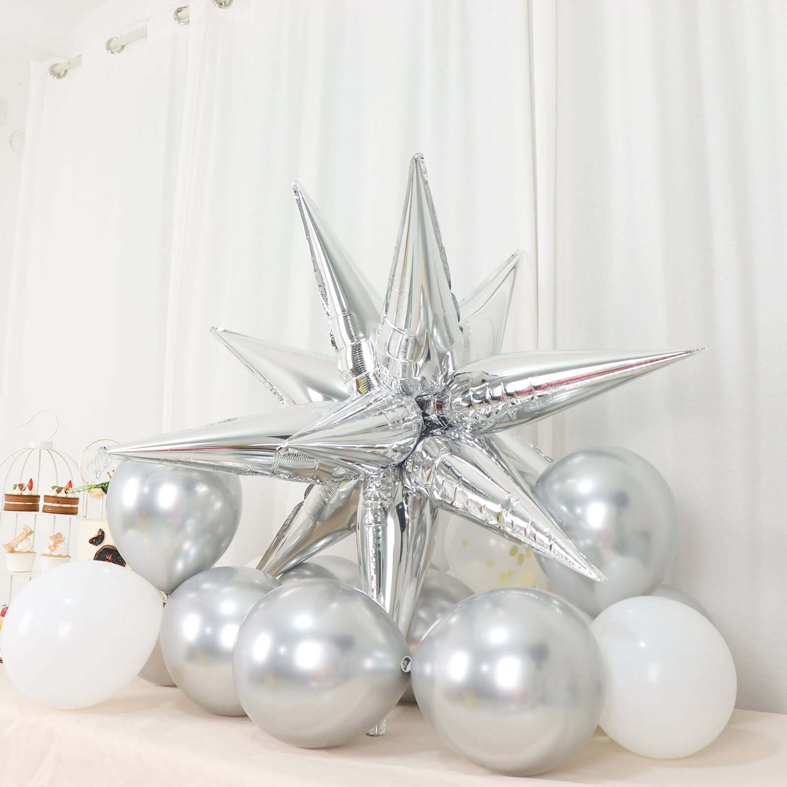36 Pack Metallic Silver DIY Mylar Foil Starburst Cone Balloons, 3D Explosion Star Party Balloons Kit - Customizable - Bell Racket Store
