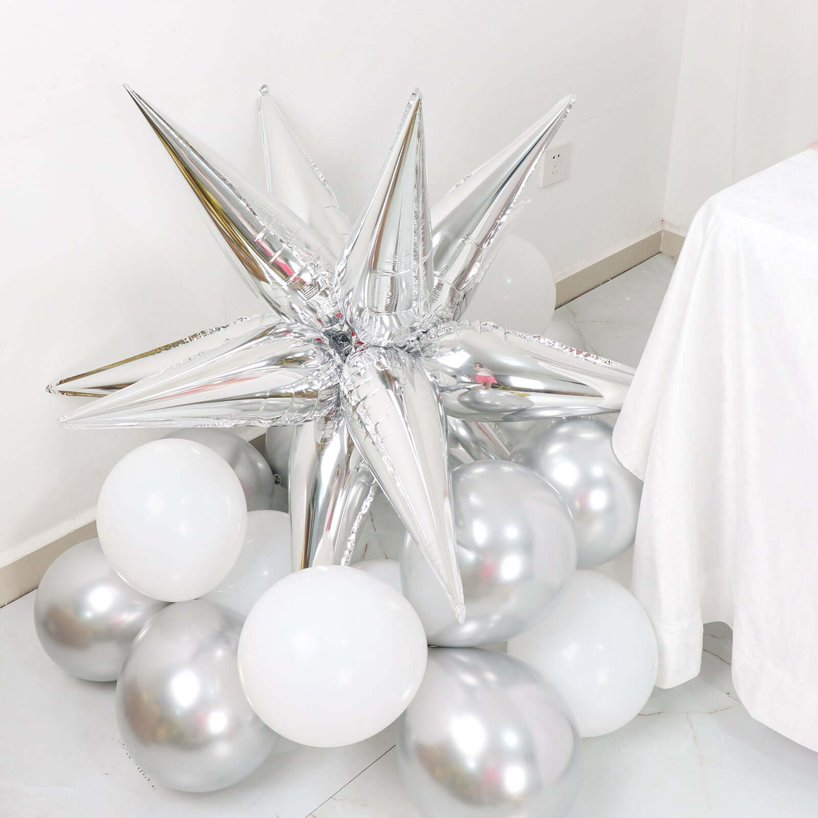 36 Pack Metallic Silver DIY Mylar Foil Starburst Cone Balloons, 3D Explosion Star Party Balloons Kit - Customizable - Bell Racket Store