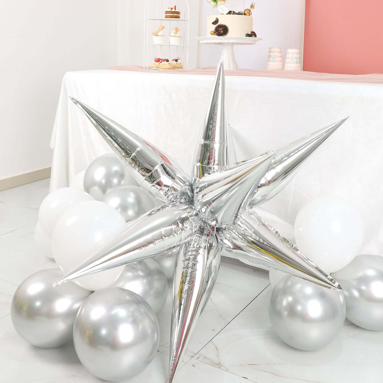 36 Pack Metallic Silver DIY Mylar Foil Starburst Cone Balloons, 3D Explosion Star Party Balloons Kit - Customizable - Bell Racket Store