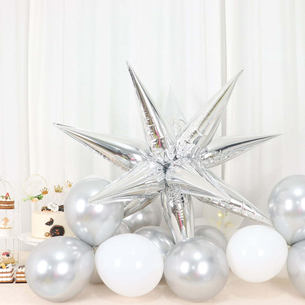 36 Pack Metallic Silver DIY Mylar Foil Starburst Cone Balloons, 3D Explosion Star Party Balloons Kit - Customizable - Bell Racket Store