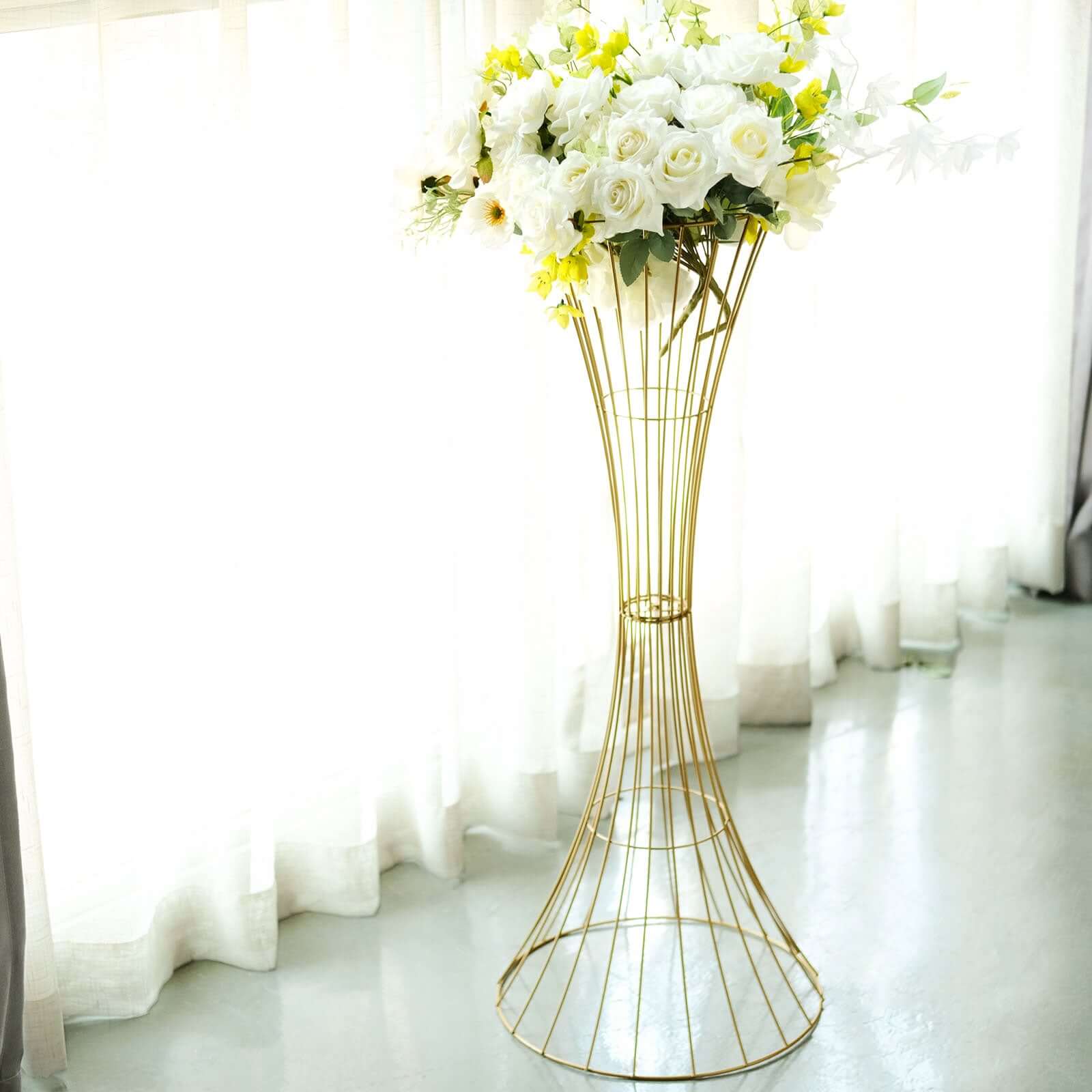 36" Tall Gold Metal Wire Hourglass Flower Frame Stand, Open Frame Reversible Trumpet Centerpiece Stand - Bell Racket Store