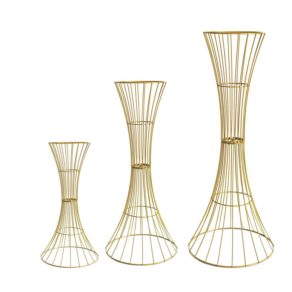 36" Tall Gold Metal Wire Hourglass Flower Frame Stand, Open Frame Reversible Trumpet Centerpiece Stand - Bell Racket Store