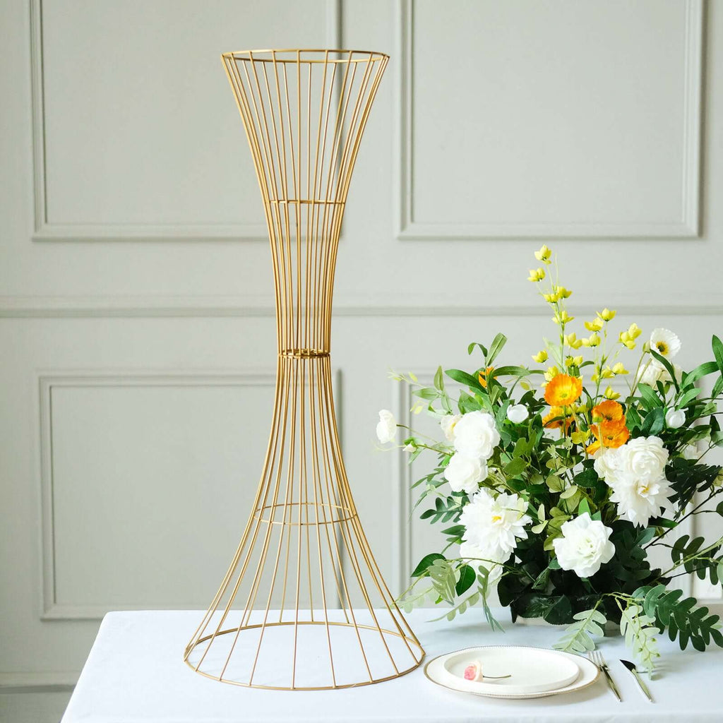 36" Tall Gold Metal Wire Hourglass Flower Frame Stand, Open Frame Reversible Trumpet Centerpiece Stand - Bell Racket Store