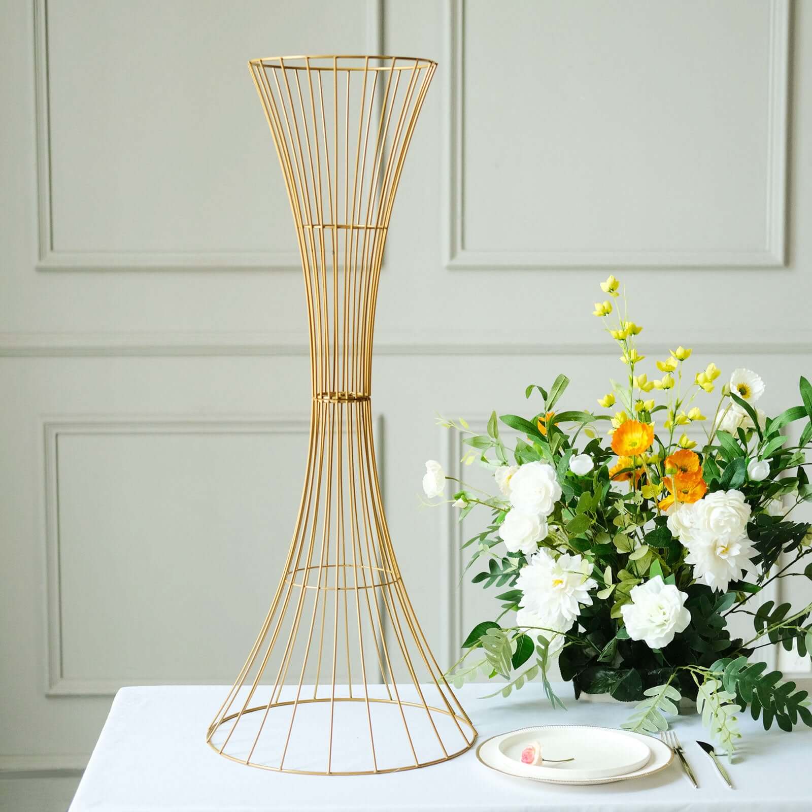 36" Tall Gold Metal Wire Hourglass Flower Frame Stand, Open Frame Reversible Trumpet Centerpiece Stand - Bell Racket Store