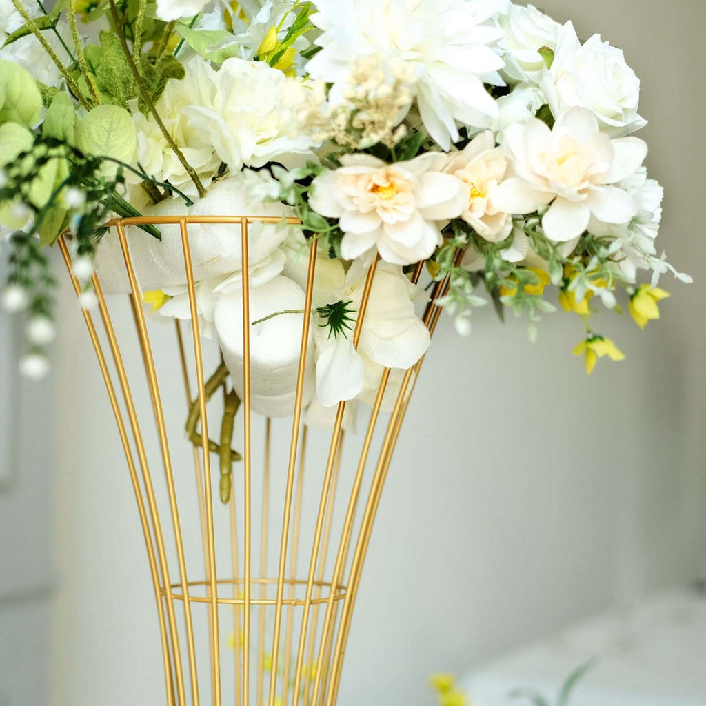 36" Tall Gold Metal Wire Hourglass Flower Frame Stand, Open Frame Reversible Trumpet Centerpiece Stand - Bell Racket Store