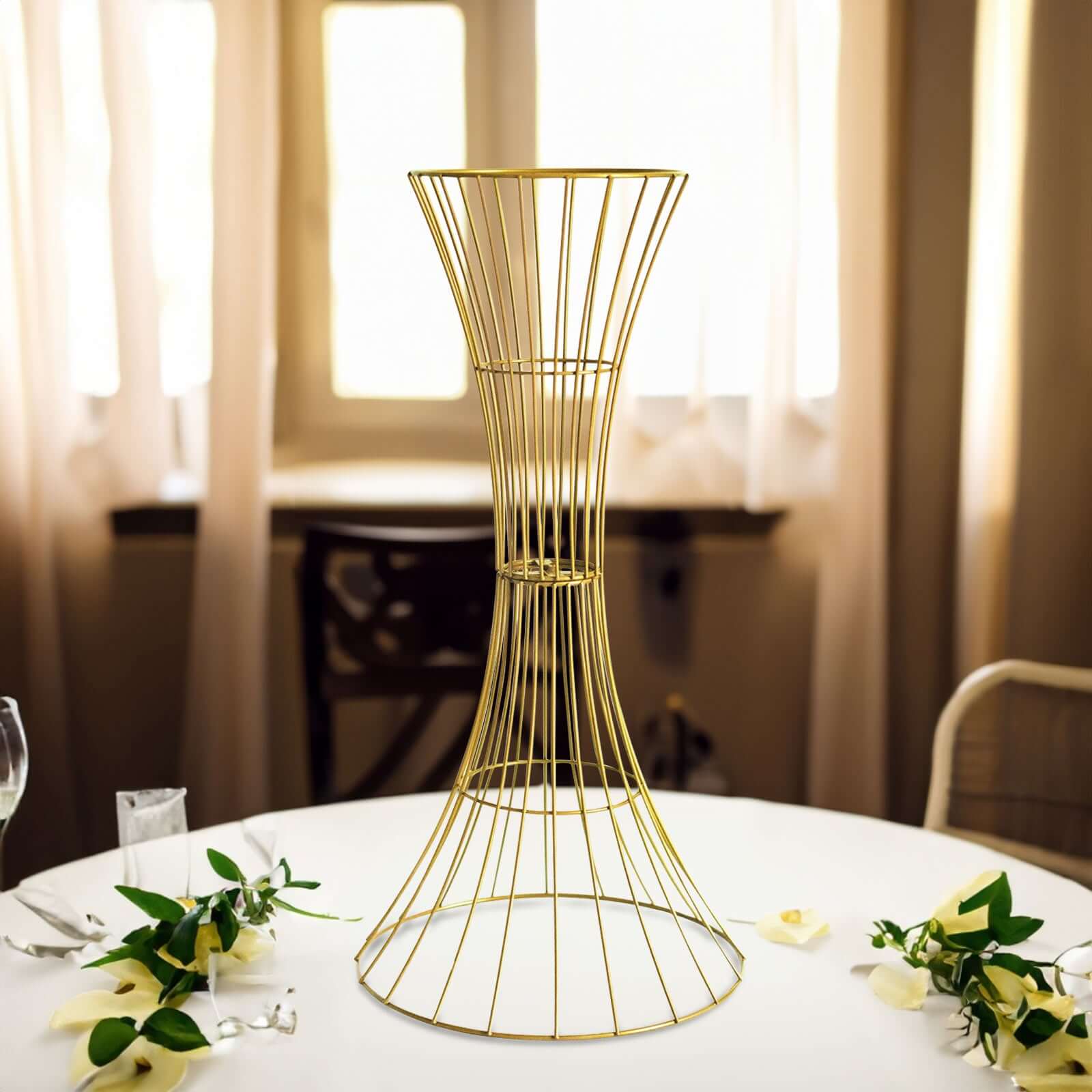 36" Tall Gold Metal Wire Hourglass Flower Frame Stand, Open Frame Reversible Trumpet Centerpiece Stand - Bell Racket Store