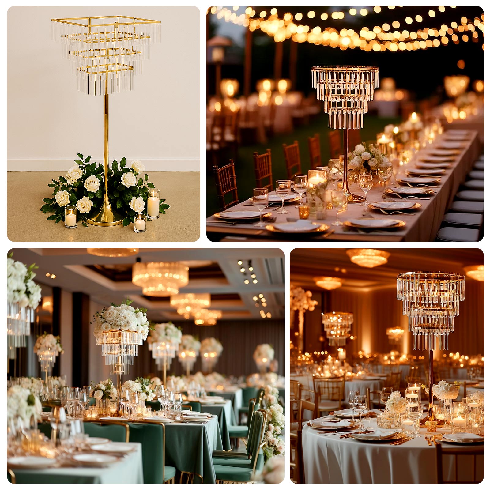 38" Crystal Pendant 4 - Tier Table Centerpiece Chandelier â€“ Gold Metal Vase Stand with Round Frame & Base, Hanging Crystals - Bell Racket Store