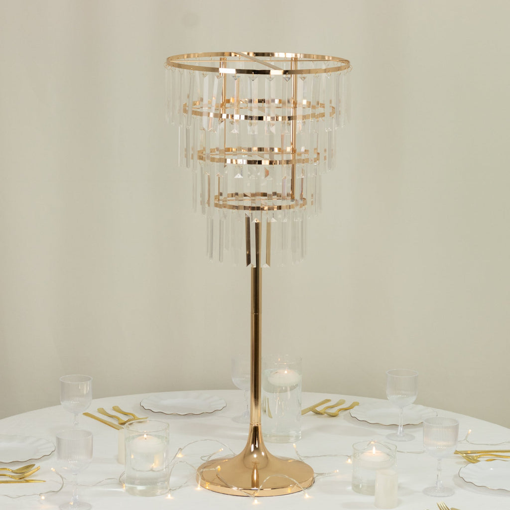 38" Crystal Pendant 4 - Tier Table Centerpiece Chandelier â€“ Gold Metal Vase Stand with Round Frame & Base, Hanging Crystals - Bell Racket Store