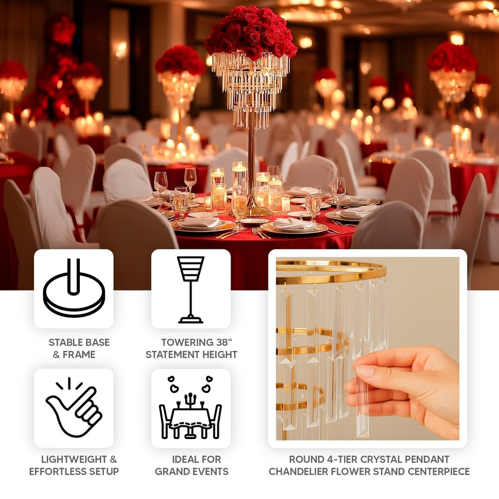 38" Crystal Pendant 4 - Tier Table Centerpiece Chandelier â€“ Gold Metal Vase Stand with Round Frame & Base, Hanging Crystals - Bell Racket Store