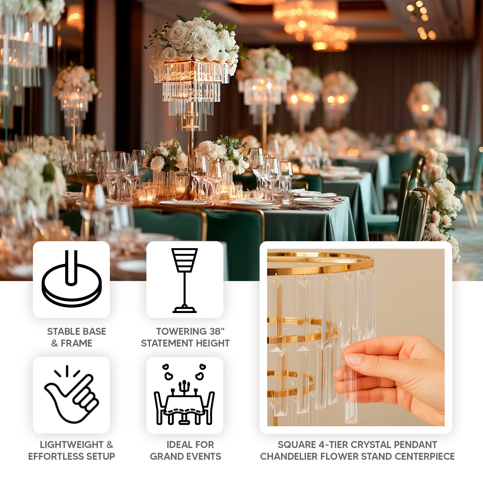 38" Crystal Pendant 4 - Tier Table Centerpiece Chandelier â€“ Gold Metal Vase Stand with Square Frame, Round Base & Hanging Crystals - Bell Racket Store