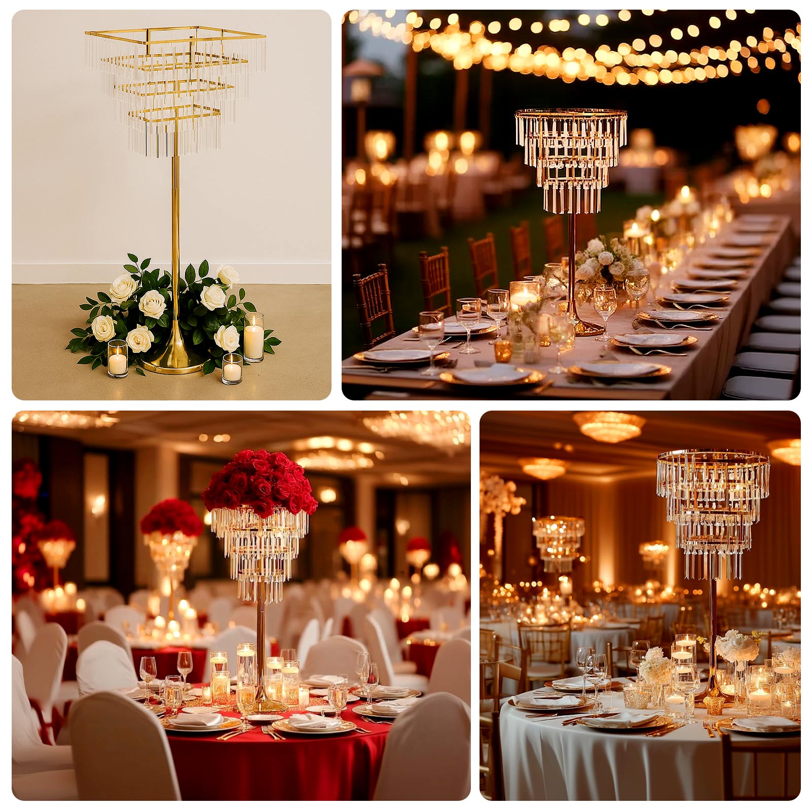 38" Crystal Pendant 4 - Tier Table Centerpiece Chandelier â€“ Gold Metal Vase Stand with Square Frame, Round Base & Hanging Crystals - Bell Racket Store