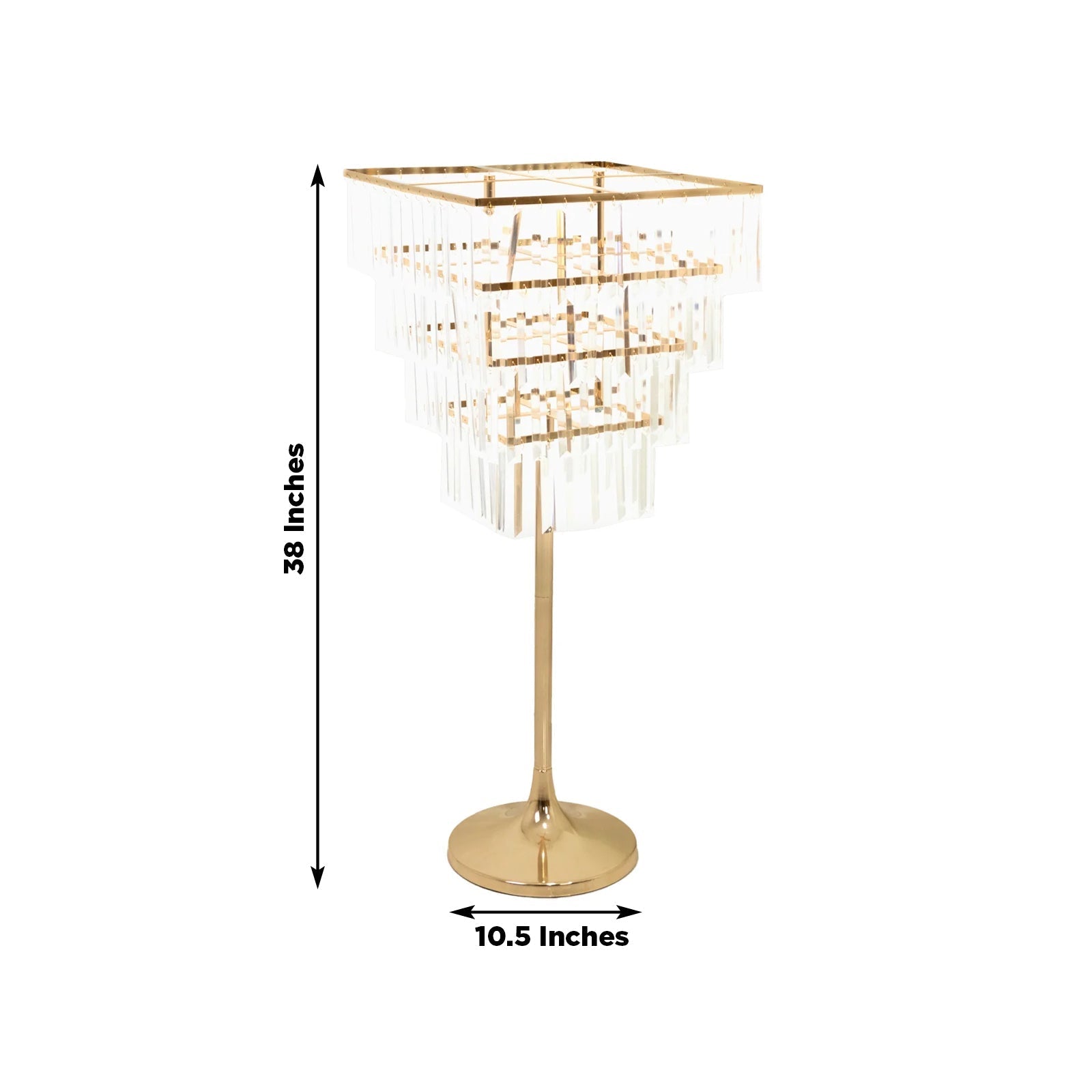 38" Crystal Pendant 4 - Tier Table Centerpiece Chandelier â€“ Gold Metal Vase Stand with Square Frame, Round Base & Hanging Crystals - Bell Racket Store