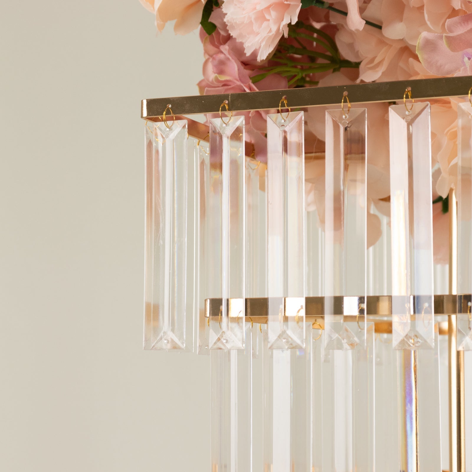 38" Crystal Pendant 4 - Tier Table Centerpiece Chandelier â€“ Gold Metal Vase Stand with Square Frame, Round Base & Hanging Crystals - Bell Racket Store