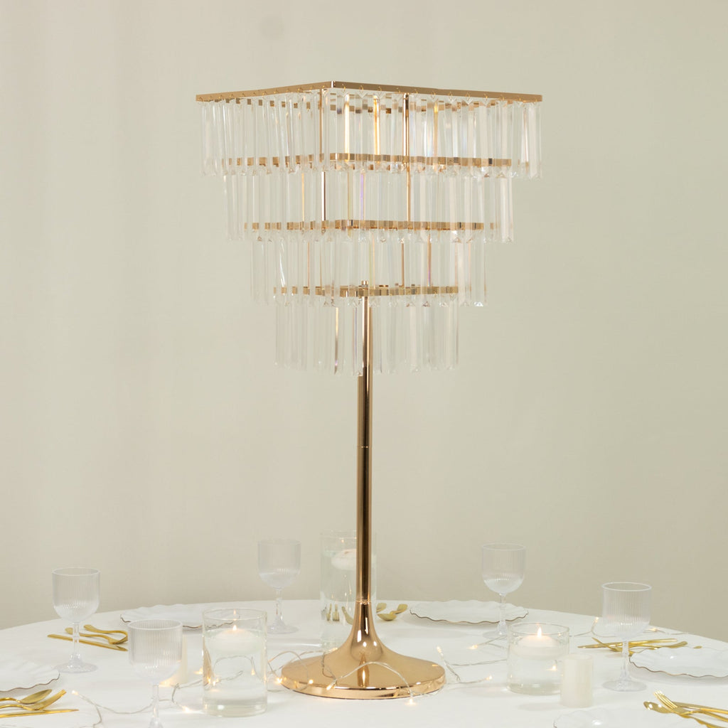38" Crystal Pendant 4 - Tier Table Centerpiece Chandelier â€“ Gold Metal Vase Stand with Square Frame, Round Base & Hanging Crystals - Bell Racket Store