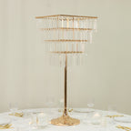 38" Crystal Pendant 4 - Tier Table Centerpiece Chandelier â€“ Gold Metal Vase Stand with Square Frame, Round Base & Hanging Crystals - Bell Racket Store