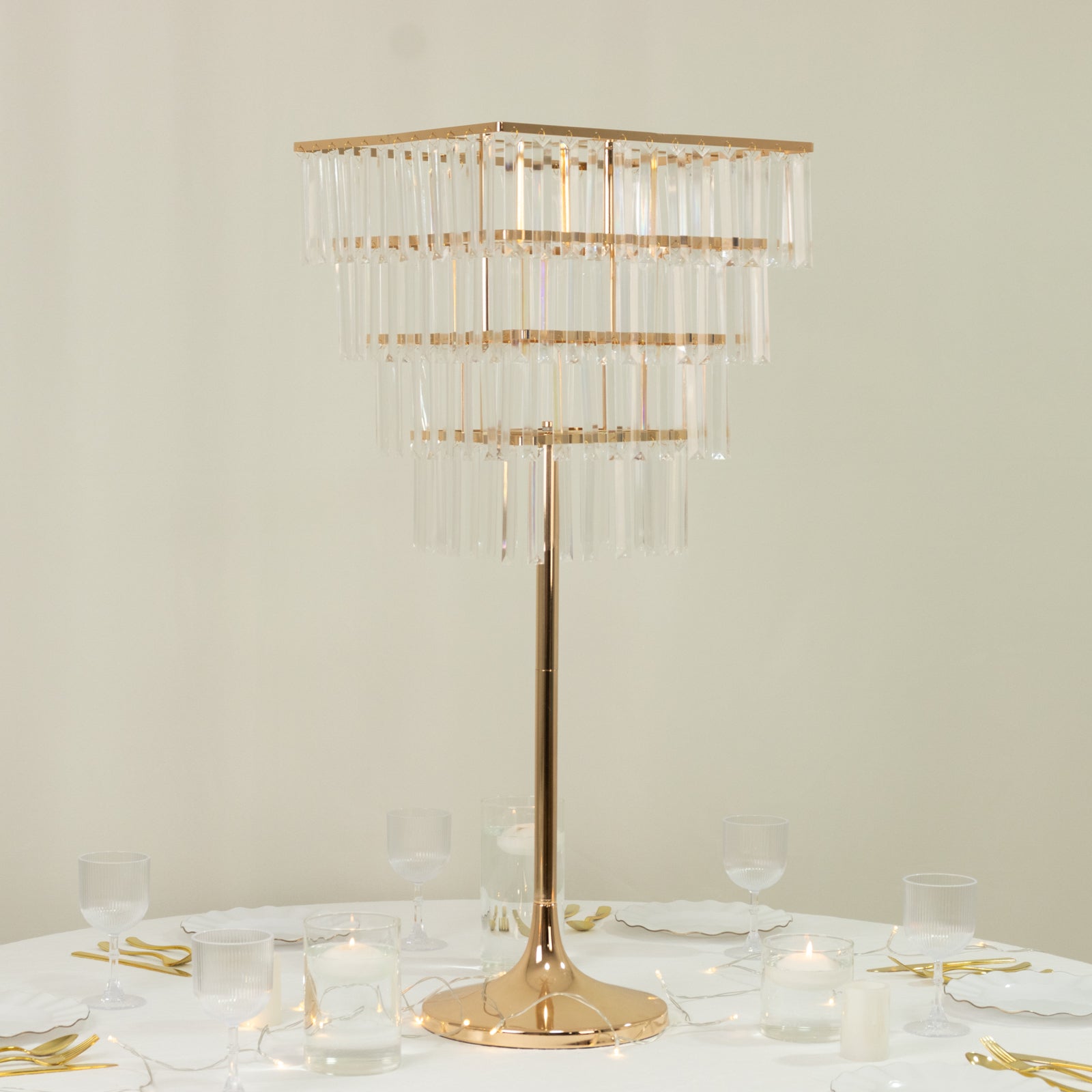 38" Crystal Pendant 4 - Tier Table Centerpiece Chandelier â€“ Gold Metal Vase Stand with Square Frame, Round Base & Hanging Crystals - Bell Racket Store