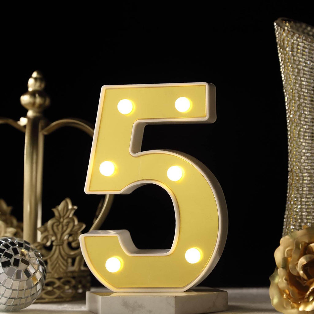 3D Marquee Number "5" Warm White 6 LED Lights Gold - Stylish Light-Up Accent for Events 6"