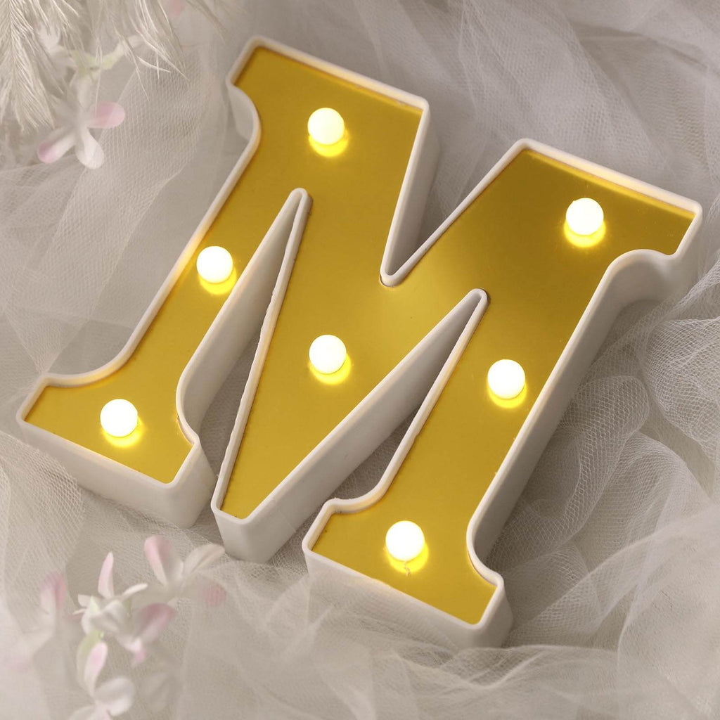 3D Marquee Letter "M" Warm White 7 LED Lights Gold - Chic Light-Up Decor for Events 6"
