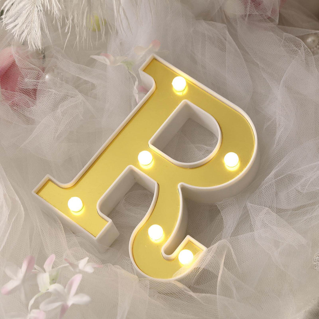 3D Marquee Letter "R" Warm White 6 LED Lights Gold - Chic Light-Up Decor for Events 6"