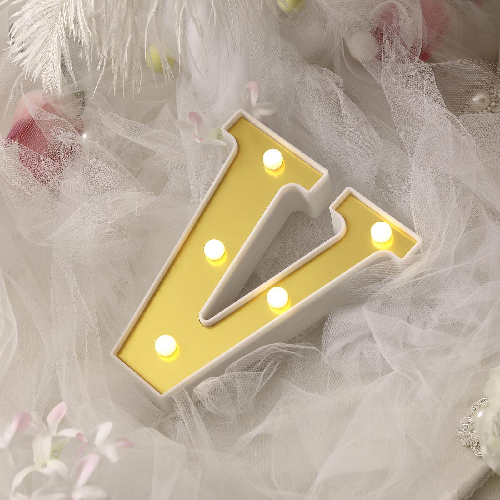 3D Marquee Letter "V" Warm White 5 LED Lights Gold - Chic Light-Up Decor for Events 6"