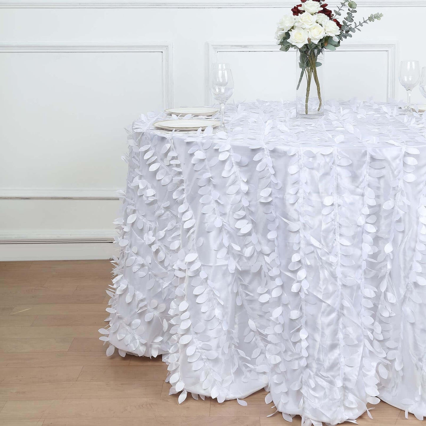 Taffeta 120" Round Tablecloth White | 3D Leaf Petal Design Seamless Table Cover for Chic Wedding & Event Decor