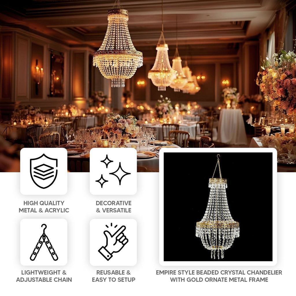 3ft Empire Style Beaded Crystal Chandelier with Gold Ornate Metal Frame, Adjustable Hanging Farmhouse Pendant Ceiling Lighting - Bell Racket Store
