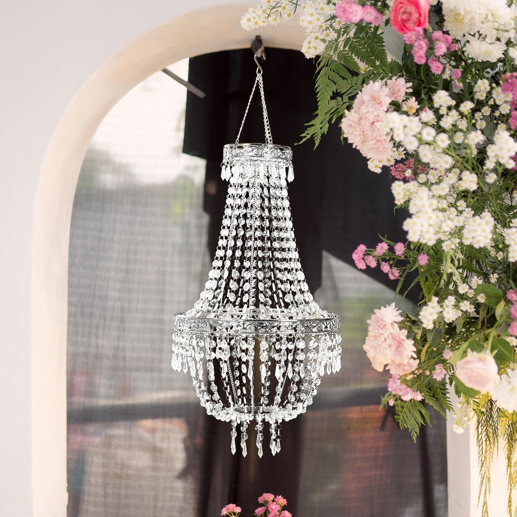 3ft Empire Style Beaded Crystal Chandelier with Silver Ornate Metal Frame, Adjustable Hanging Farmhouse Pendant Ceiling Lighting - Bell Racket Store