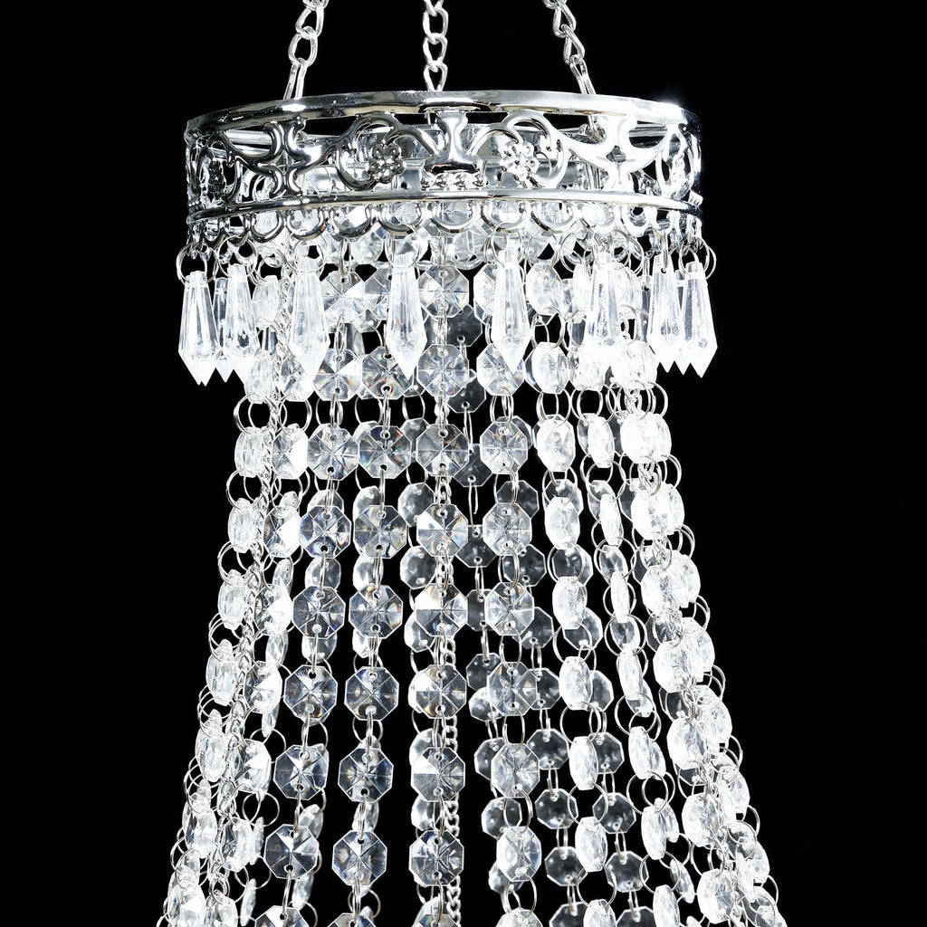 3ft Empire Style Beaded Crystal Chandelier with Silver Ornate Metal Frame, Adjustable Hanging Farmhouse Pendant Ceiling Lighting - Bell Racket Store