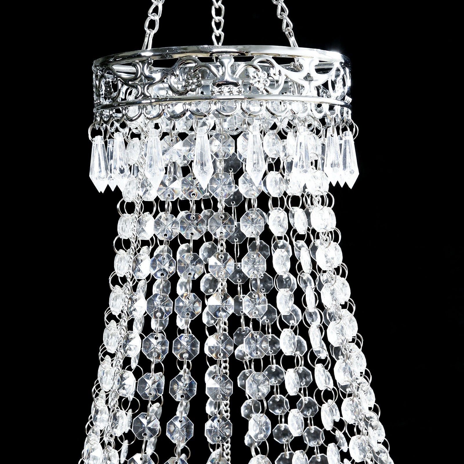 3ft Empire Style Beaded Crystal Chandelier with Silver Ornate Metal Frame, Adjustable Hanging Farmhouse Pendant Ceiling Lighting - Bell Racket Store