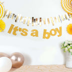 3ft Gold Glittered It's a Boy Paper Hanging Gender Reveal Garland Banner, Baby Shower Banner - Bell Racket Store