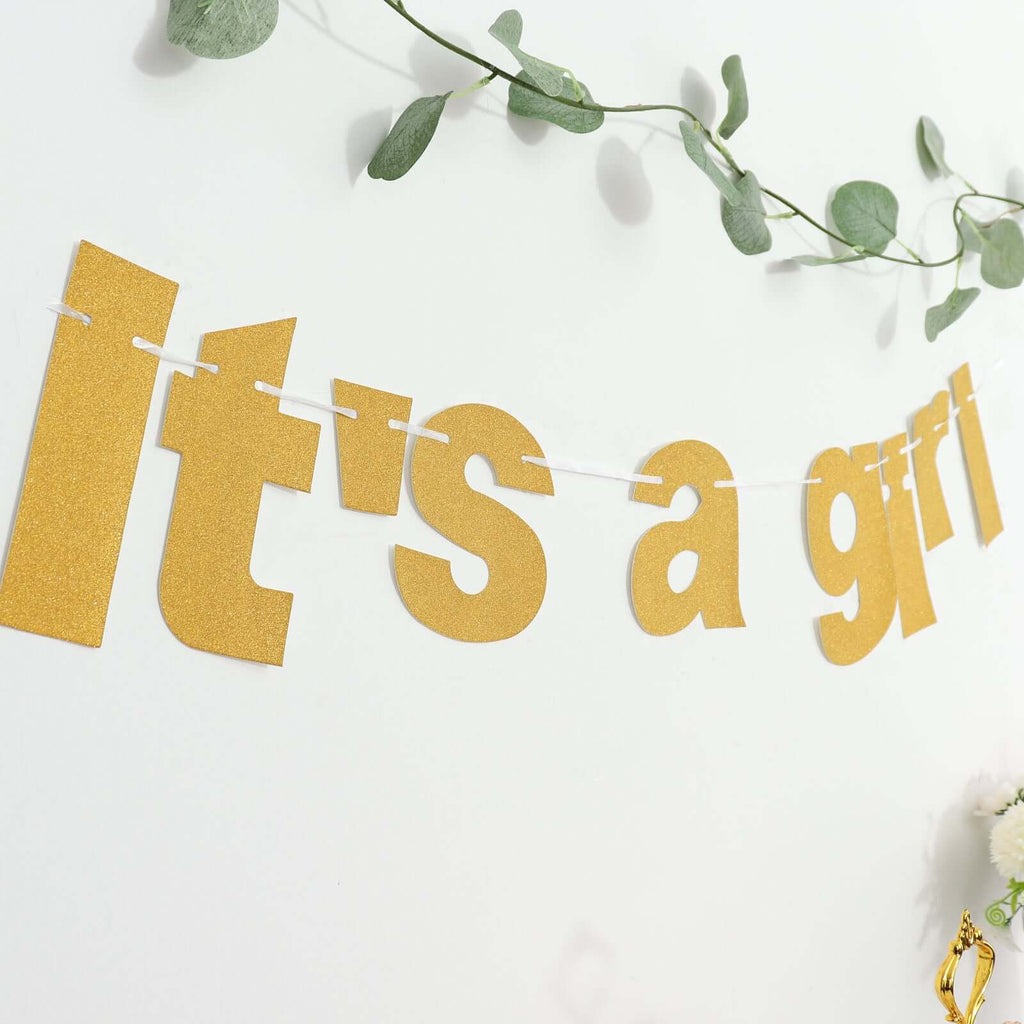 3ft Gold Glittered It's a Girl Paper Hanging Gender Reveal Garland Banner, Baby Shower Banner - Bell Racket Store