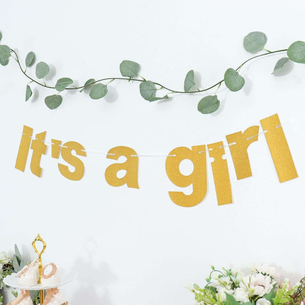 3ft Gold Glittered It's a Girl Paper Hanging Gender Reveal Garland Banner, Baby Shower Banner - Bell Racket Store