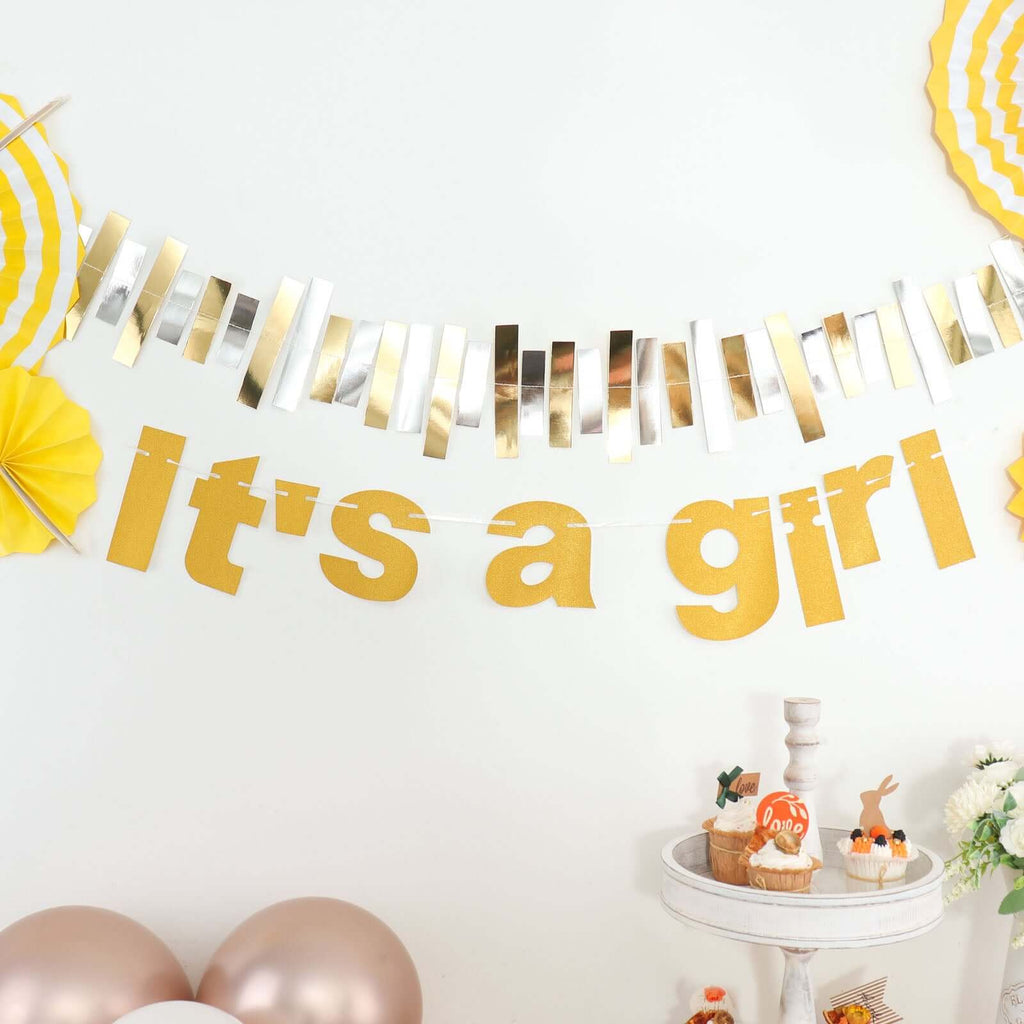 3ft Gold Glittered It's a Girl Paper Hanging Gender Reveal Garland Banner, Baby Shower Banner - Bell Racket Store